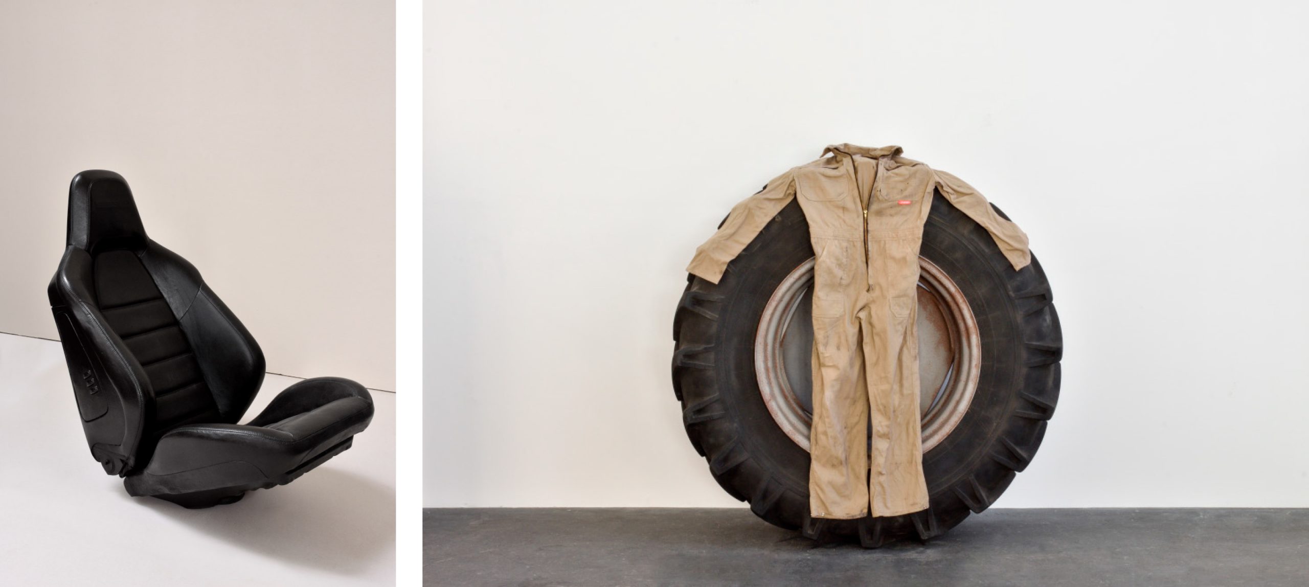 Car seat made out of bronze and a tractor tyre with a boiler suit on top in reference to Francis Bacon.