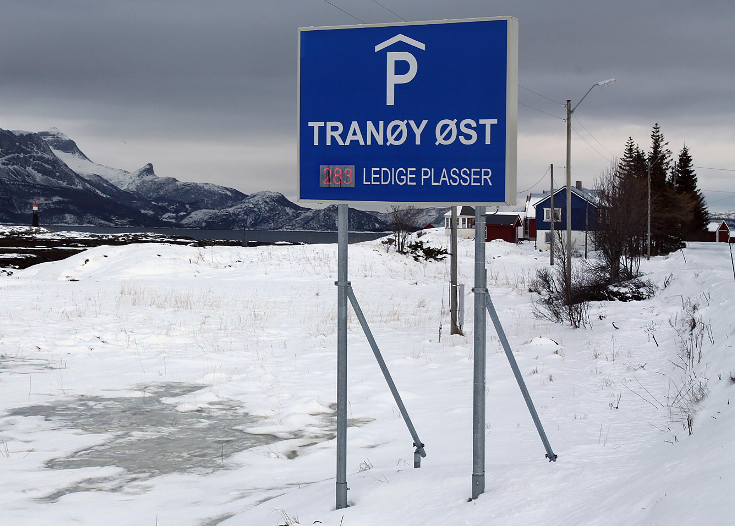 Artwork by Elmgreen & Dragset with a traffic sign installed to Tranøy road side in Norway.